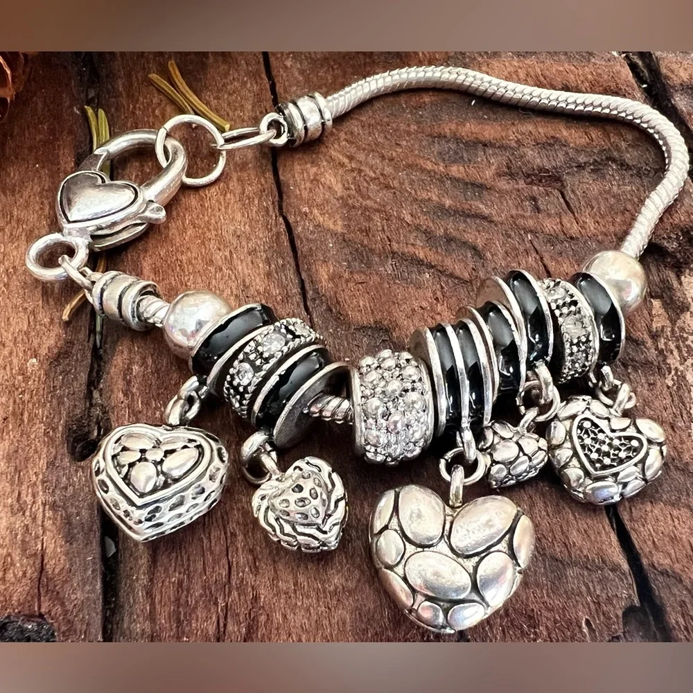 Brighton Puffy Hearts Charm Bracelet Fine Silver Plated Chain .999 Black Enamel - Picture 2 of 5